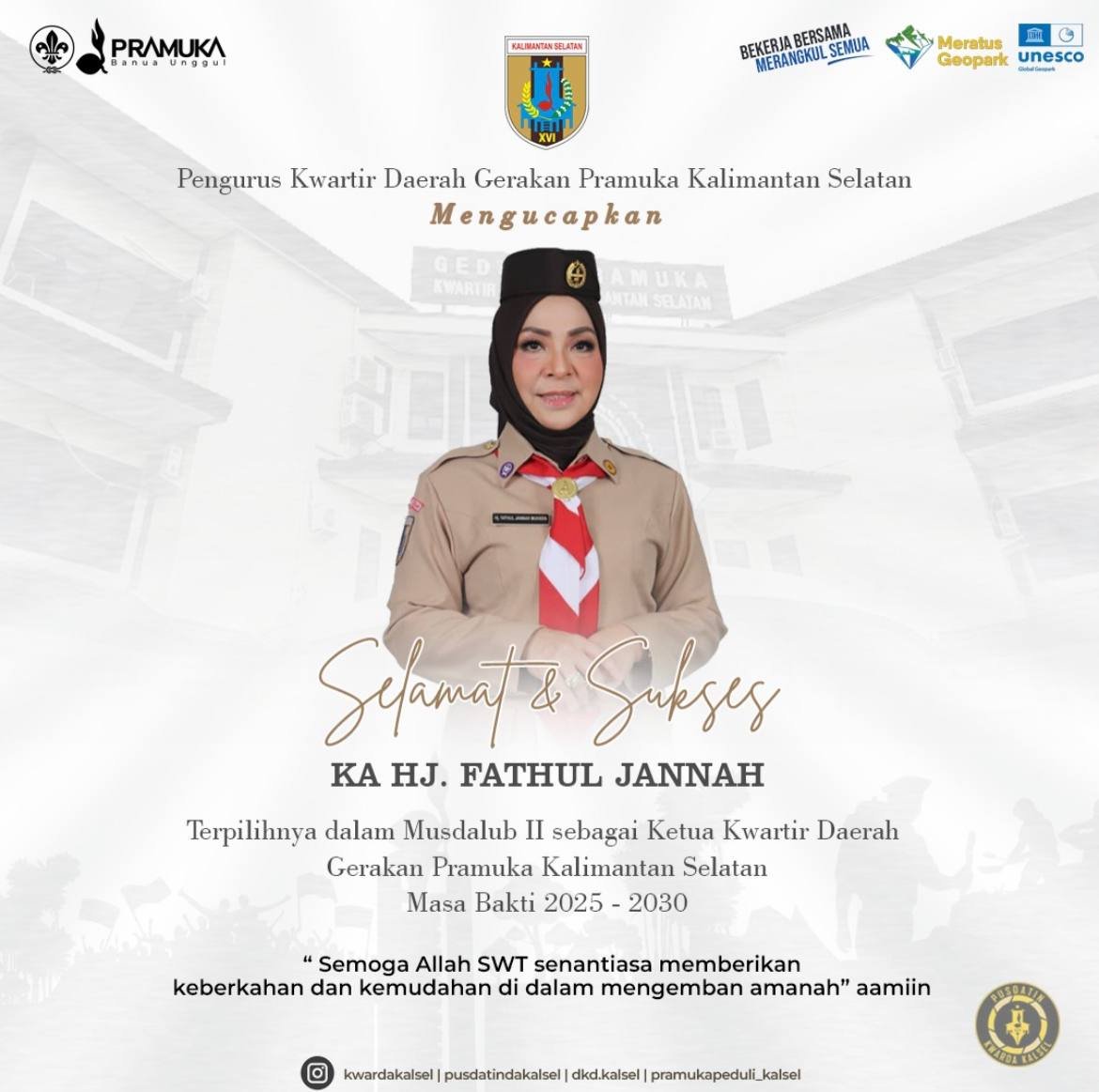 Hj Fathul Jannah Muhidin Terpilih Aklamasi sebagai Ketua Kwarda Pramuka Kalsel 2025–2026