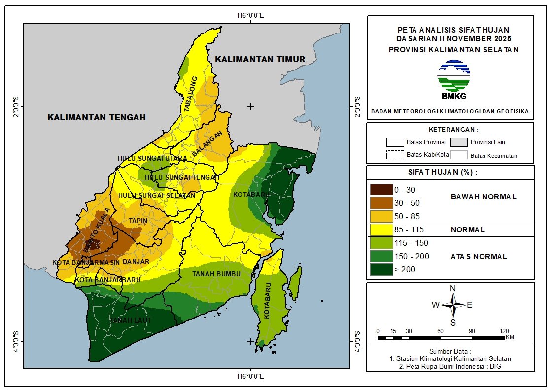 BMKG Staklim Kelas I Kalsel: Update Analisis dan Prediksi Curah Hujan Kalimantan Selatan Dasarian II–III November 2025