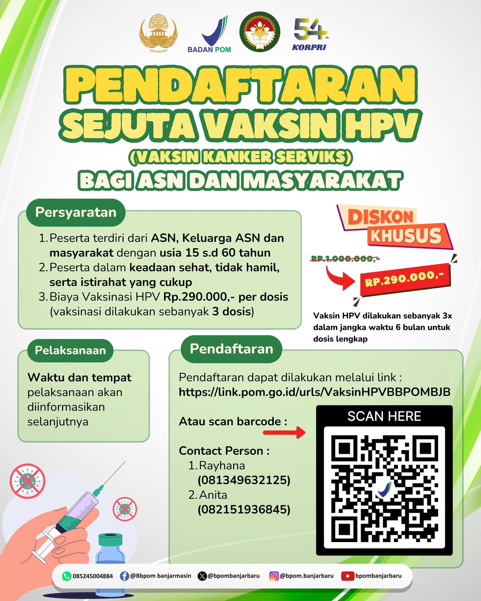 BBPOM di Banjarbaru Bersama KORPRI dan DWP Gelar Program Sejuta Vaksin HPV